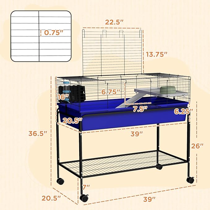 PawHut Two-Story Small Animal Cage Removable from Stand, Guinea Pig Cage with Shelf & Wheels, Pet Habitat for Hedgehog, Chinchilla, Ferret, 39" x 20.5" x 36.5", Blue