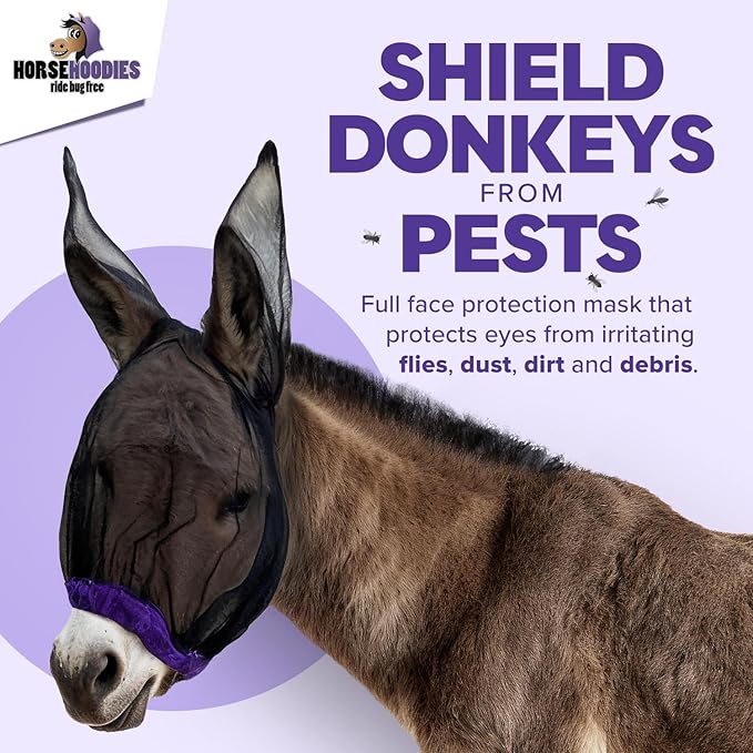 Donkey Fly Mask with Long Ears (Black) Made in USA - Mule Fly Mask with Ears Protection from Insects and Bugs, Mini Donkey Soft Mesh Fabric with Adjustable Fastener, Face Cover Supplies for Donkeys