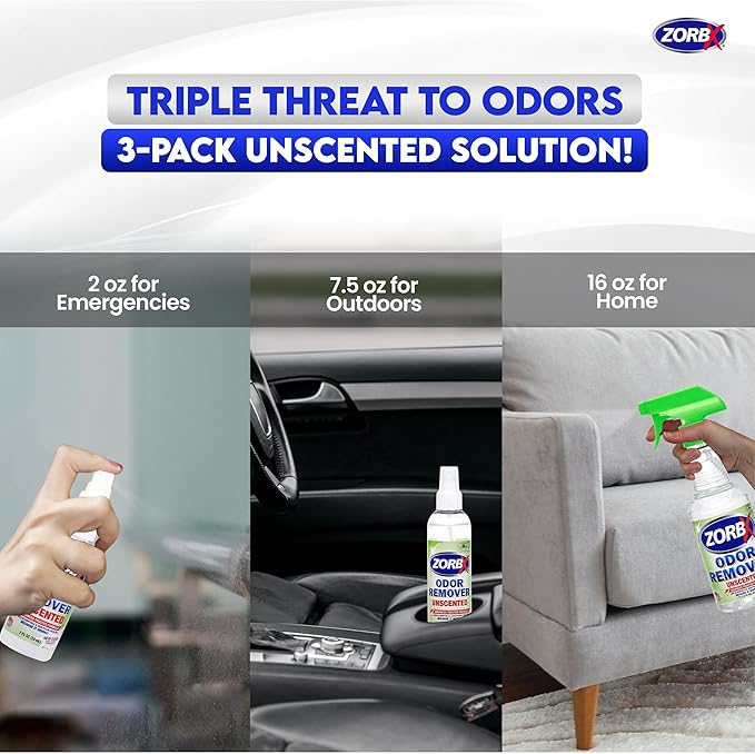 ZORBX Unscented Odor Eliminator for Strong Odor 16 Oz + 7.5 Oz + 2 Oz - Used in Hospitals & Healthcare Facilities - Advanced Formula, Fast-Acting Odor Remover Spray for Dog, Cat, House & Carpet