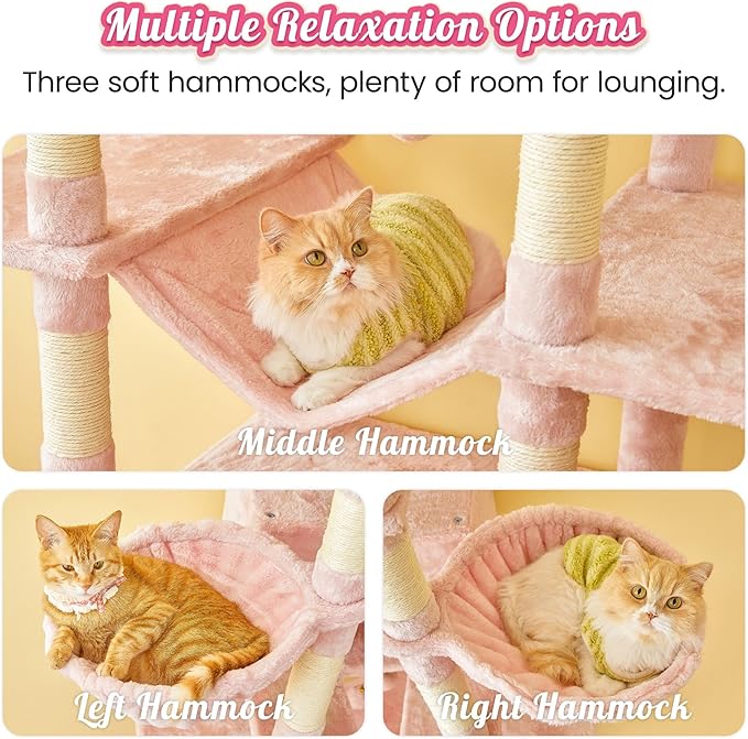 MWPO Pink Extra Large Cat Tree, 77.6-Inch Tall Cat Tower for Indoor Cats with 2 Condos, Multi-Level Cat Stand for Large Cats, 3 Hammocks, Wide Perch, Scratching Posts, Dangling Toys
