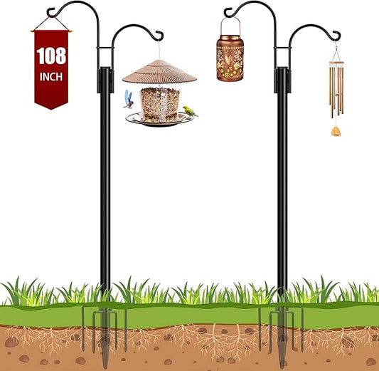 Ottsuls Double Shepherds Hooks for Outdoor, 2 Pack 108 INCH Bird Feeder Pole, Garden Pole with 5 Base Prongs Heavy Duty Planter Hooks for Hanging Plant Baskets, Lantern, Hummingbird Feeder