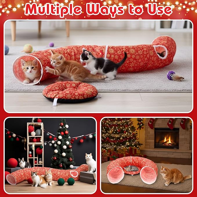 Cat Tunnel Bed Under Christmas Tree 36'' Kitten Circle Donut Tunnel Skirt with Ball Mat Decorative Xmas Folding Home Kitty Guard Tube Holiday Party Indoor Pet(Red Gold,Snowflake)