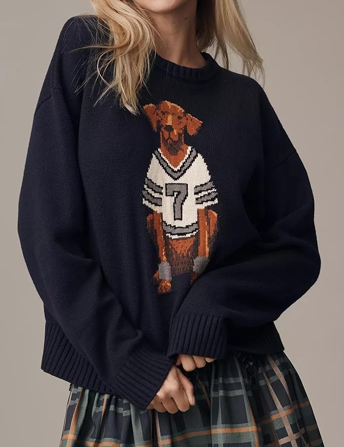 Dog Print Sweater for Women Cute Graphic Knit Pullover Tops Long Sleeve Crew Neck Trendy Fall Outfits 2025