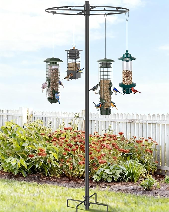 Bird Feeder Pole Stand - 74.5 Inch Bird Feeding Station with Semicircular Hook for Outdoors, 22 Hanging Areas for Suet Feeders, Plant Baskets, Lanterns, Wind Chime, Slip-Fit Connection