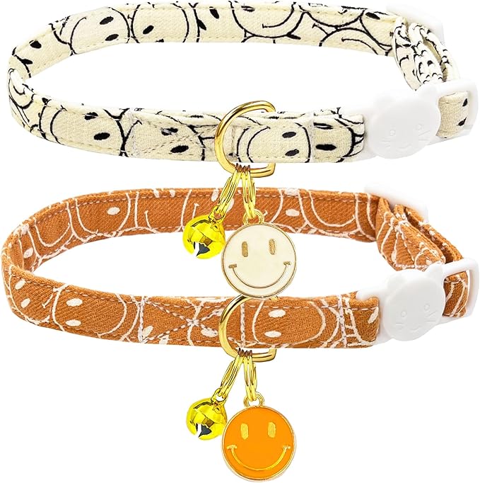 2 Pack Cotton Breakaway Cat Collars Set with Bell and Flower Pendant, Cute Floral Fruit Patterned, Adjustable 7.5-11Inch, Include A Mouse Toy Gift (Smile face)