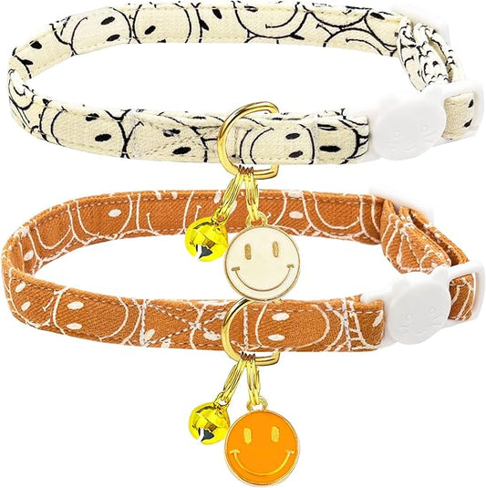 2 Pack Cotton Breakaway Cat Collars Set with Bell and Flower Pendant, Cute Floral Fruit Patterned, Adjustable 7.5-11Inch, Include A Mouse Toy Gift (Smile face)