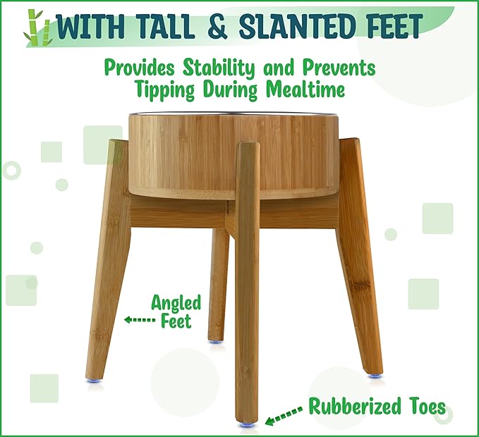 Elevated Dog Bowls for Large Breed - (15-Inch Tall, 74-oz Cap), Deter Ants and Bugs - Raised Single Feeder, Suitable for Dry and Wet Pet Foods - Bamboo with Stainless Steel Dish
