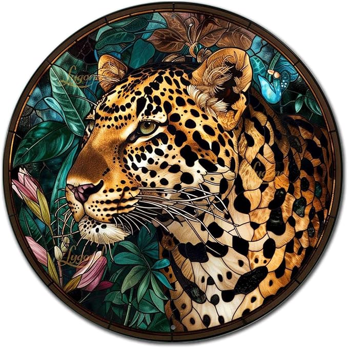 Lygond Metal Sign Tin Sign Circular Stained Glass Leopard Metal Signs Vintage For Restaurant 8×8 Inches