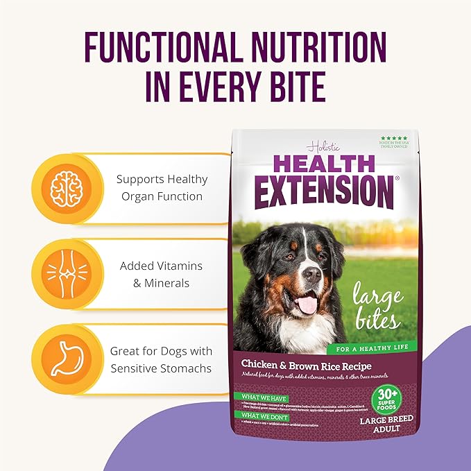 Health Extension Large Bites Chicken & Brown Rice Dry Dog Food, Protein-Rich Formula with Probiotics & Essential Nutrients for Large Breeds (30lb)