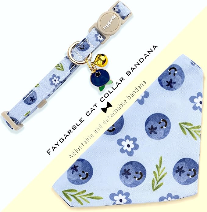 Faygarsle 2 Pack Blueberry Pattern Cat Collar Set with Bandana and Bow Tie, Light Blue, Breakaway Style with Bell
