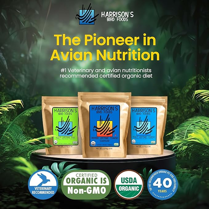 Harrison's Bird Foods Pepper Lifetime Coarse - Certified Organic, Non-GMO Formula for Medium to Large Birds - Premium, Nutrition for Long-Term Health, Vitality & Wellness - 5 lb Bag