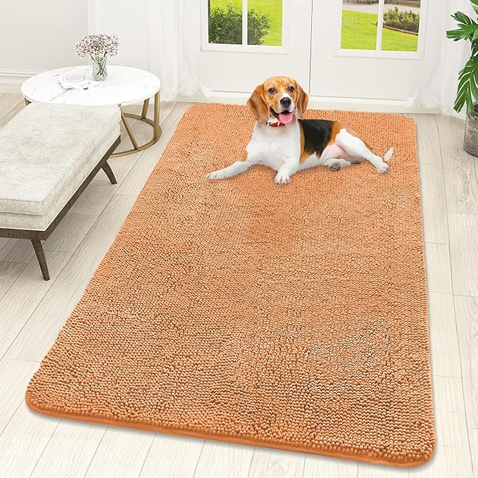 OLANLY Dog Door Mat for Muddy Paws 59x32, Absorbs Moisture and Dirt, Absorbent Non-Slip Washable Doormat, Quick Dry Chenille Mud Mat for Dogs, Entry Indoor Entryway Carpet for Inside Floor, Orange