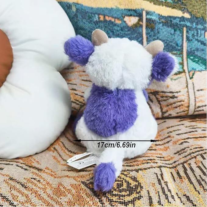 Purple and White Cow Weighted Stuffed Animal 7.87in Cute Sitting Cow Plush with Smile Soft Fluffy Small Farm Plushie for Kids Adults Birthday Festival Gift Bed Home Office Decoration Toys