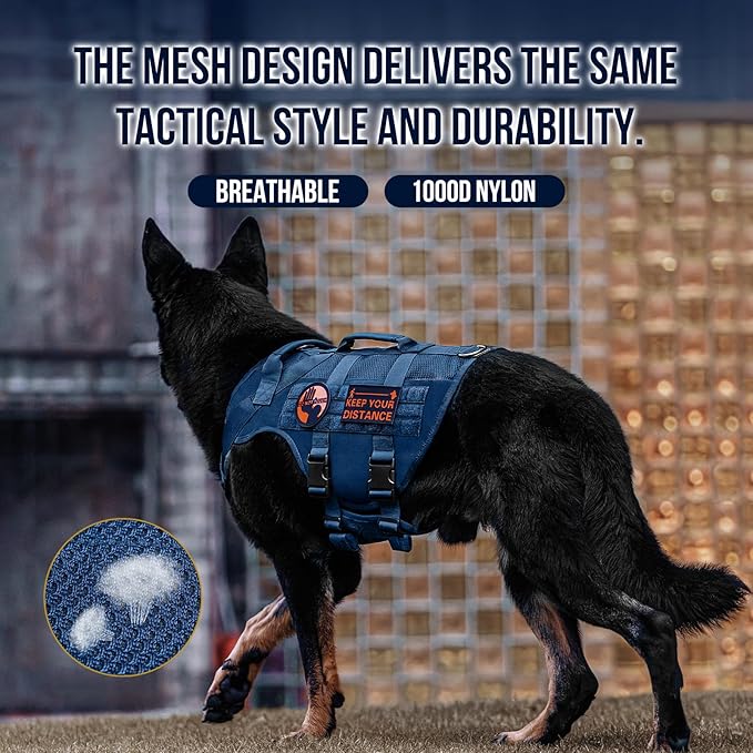 OneTigris Tactical Dog Harness for Small Medium Large Dogs, Mesh Design Service Dog Vest Breathable Military Dogs Molle Vests with Handles, Harness for Walking Hiking Training (Blue, S)