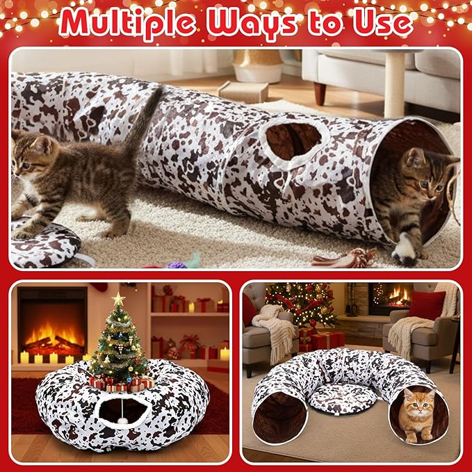 Cat Tunnel Bed Under Christmas Tree 36'' Kitten Circle Donut Tunnel Skirt with Ball Mat Decorative Xmas Folding Home Kitty Guard Tube Holiday Party Indoor Pet (Brown Black White,Cowhide)