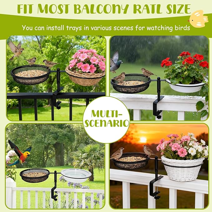 Bird Feeder for Apartment Balcony,Balcony Bird Feeder with Food Tray and Water Bowl,Detachable and Adjustable Heavy Duty Sturdy Steel,Rounded