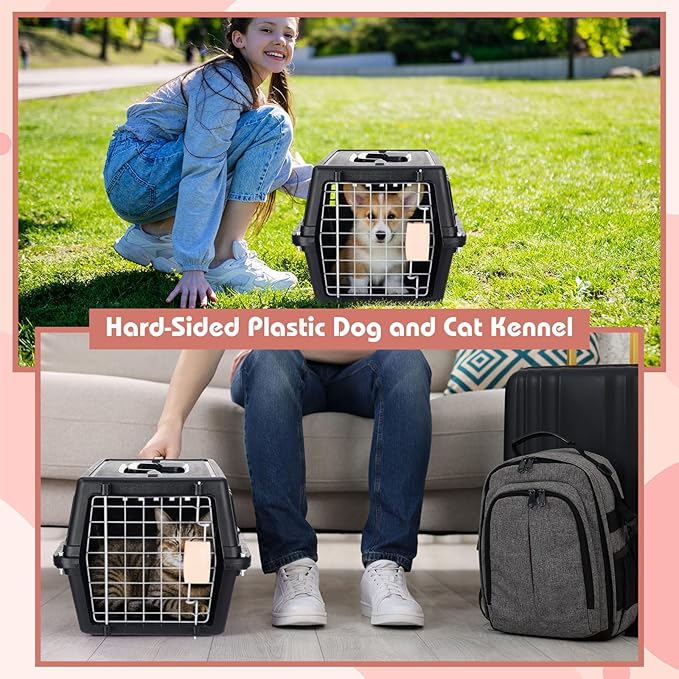 2 Set Pet Carrier for Small Dogs and Cat, Hard Shell Plastic Dog Crate with Bowl and Cooling Pad Fully Breathable Portable Kennel for Small Pet Travel Camp(Black,18.9 x 12.6 x 11.8 Inch)