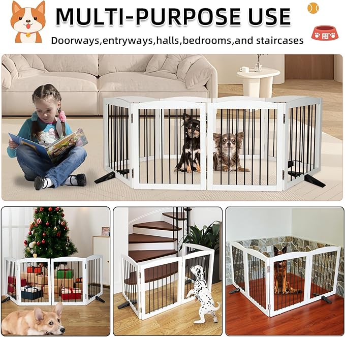 ZJSF Freestanding Panel Gate for Indoor Doorways, Stairs, or Hallways - Foldable White Wooden Dog Gates - Support Feet Included - 32" Height - 4 Panels