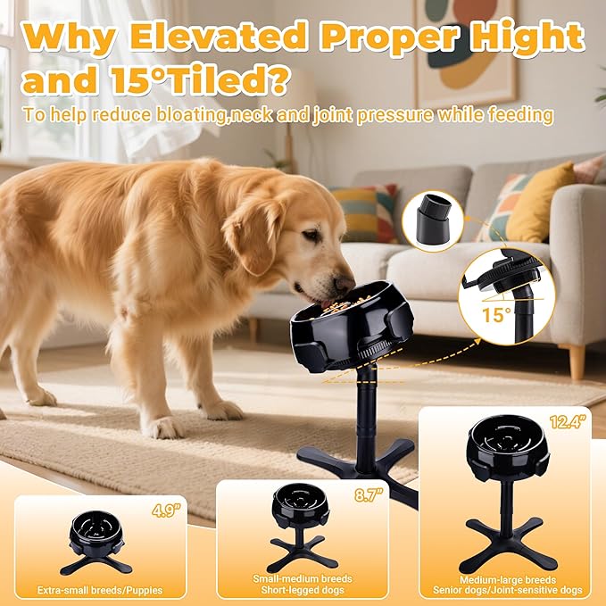 Elevated Slow Feeder Dog Bowl Adjustable Stand,Tilted ABS Base,Fits 5.5-9.5" Bowls, Anti-Spill & Non-Slip, Heavy Duty for Med/Large Dogs(with Round Bowls)