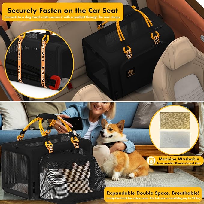 PAWZIDEA Expandable Large Pet Carrier with Wheels, 24x16x16 in Rolling Cat Carrier for 2–4 Cats up 55lb, Soft-Sided Collapsible Small Medium Dog Crate for Car Travel, Telescopic Handle, Storage Pocket