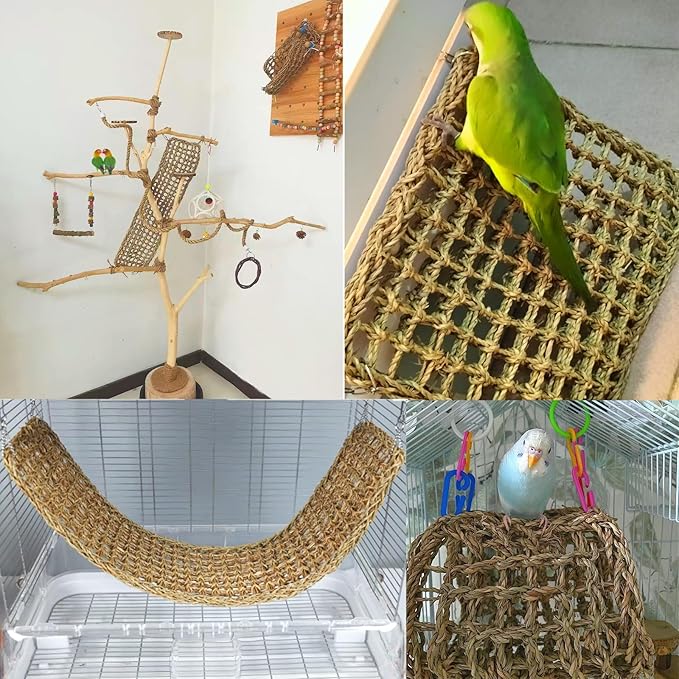 2Pcs Bird Seagrass Mat 30 × 7" Natural Grass Woven Net Hammock with Hooks Climbing Rope Ladder Chew Toys Hanging on Parrot Cage for Lovebird Pigeon Cockatiel Conure Budgie Cockatoo