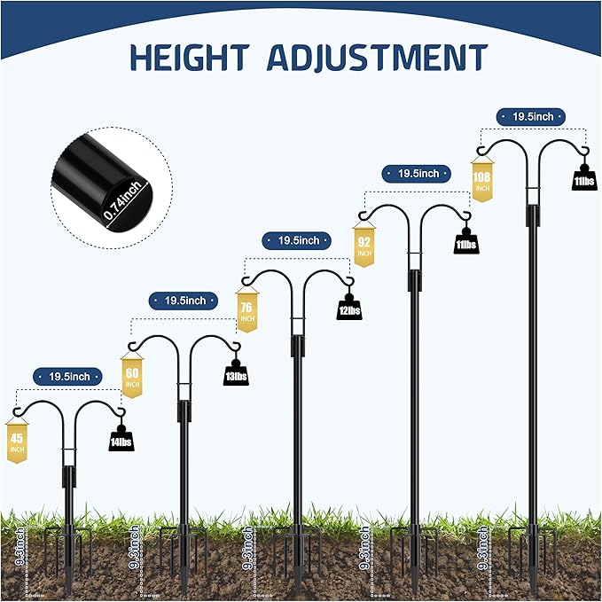 Ottsuls Bird Feeder Pole, 2 Pack 108 INCH Double Shepherds Hooks for Outdoor, Garden Pole with 5 Base Prongs Heavy Duty Planter Hooks for Hanging Plant Baskets, Lantern, Hummingbird Feeder