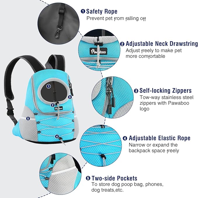 Pawaboo Pet Dog Carrier Backpack, Puppy Dog Travel Front Carrier for Small Medium Dogs Cats, Adjustable Breathable Dog Carrying Backpack with Safety Strips for Hiking, Walking (Blue L Up to 14 lbs)