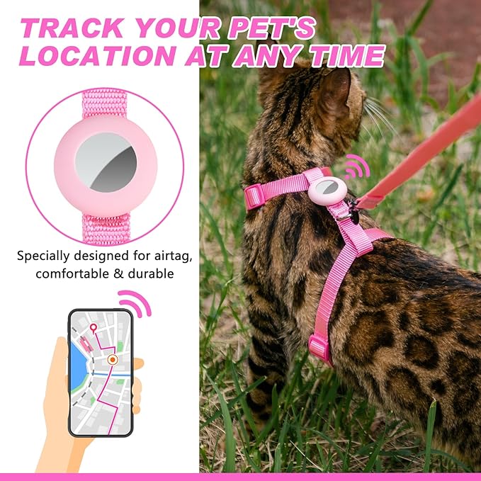 Cat Harness and Leash Set with Airtag Holder for Walking & Travelling, Escape Proof Cat Harness for Small Medium Large Kitten, Adjustable Lightweight Soft Cat Vests (Pink)