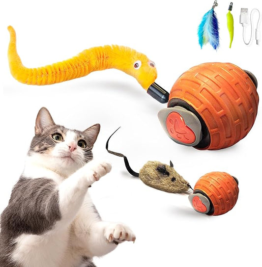 Motion Activated Self-Moving Cat Toy Ball – GlobalSun Speedy Tail 2.0 Automatic Rolling Ball Cat Toy with Mouse & Feather Tails, USB Rechargeable Interactive Toy for Indoor Cats