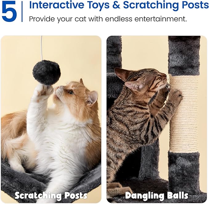MWPO Extra Large Cat Tree, 77.6-Inch Tall Cat Tower for Indoor Cats with 2 Condos, Multi-Level Cat Stand for Large Cats, 3 Hammocks, Wide Perch, Scratching Posts, Dangling Toys, Smoky Grey