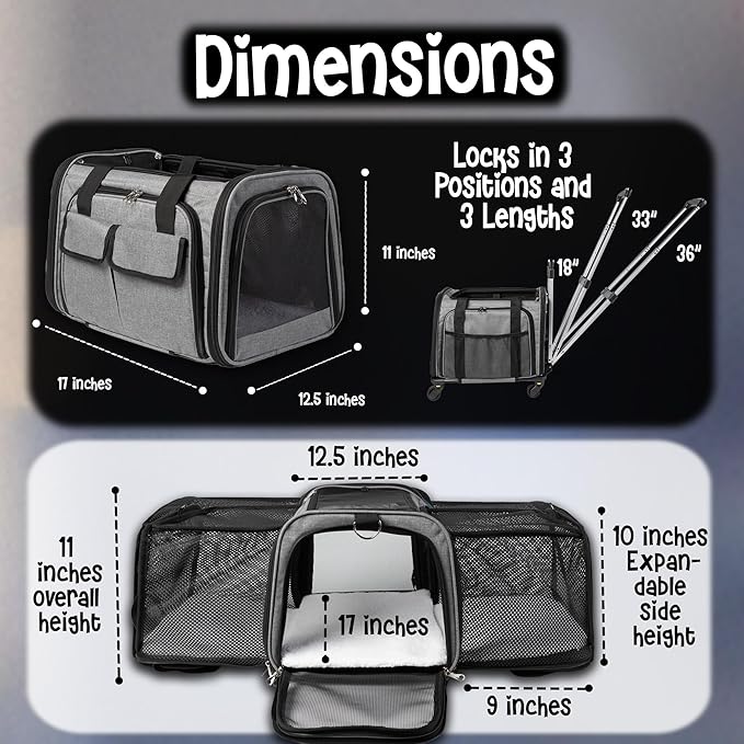 Pet Carrier with Wheels | United Delta American Frontier Airline Approved | Two Expandable Sides, Storage Pockets Adjustable Leash | Rolling Dog and Cat Carrier TSA Compliant (Grey)