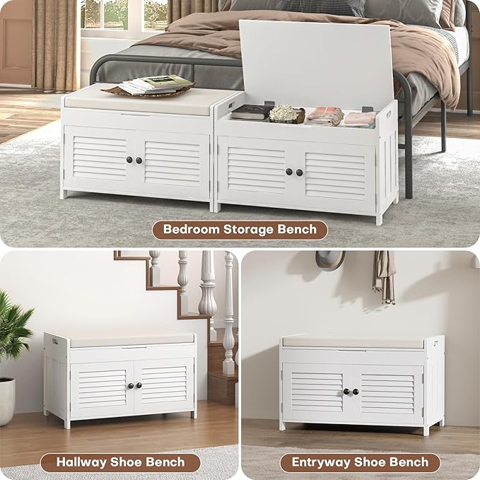 Shoe Storage Bench with Lift Top Storage, Entryway Bench with Cushioned Seat, Adjustable Shelf, 2 Tier Shoe Rack with Doors for Entryway, Bedroom, Hallway, Mudroom, White