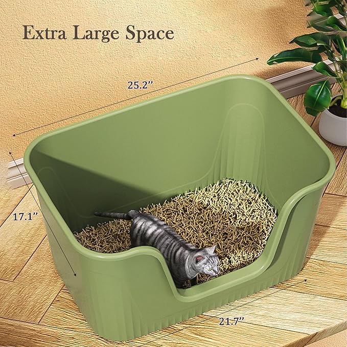 Vealind Extra Large Litter Box with High Sides, XL Litter Boxes for Big Cats, High Sided Litter Pan, Leak-Proof & Anti-Splashing, Easy Clean & Durable (25” * 17” * 13” Green)