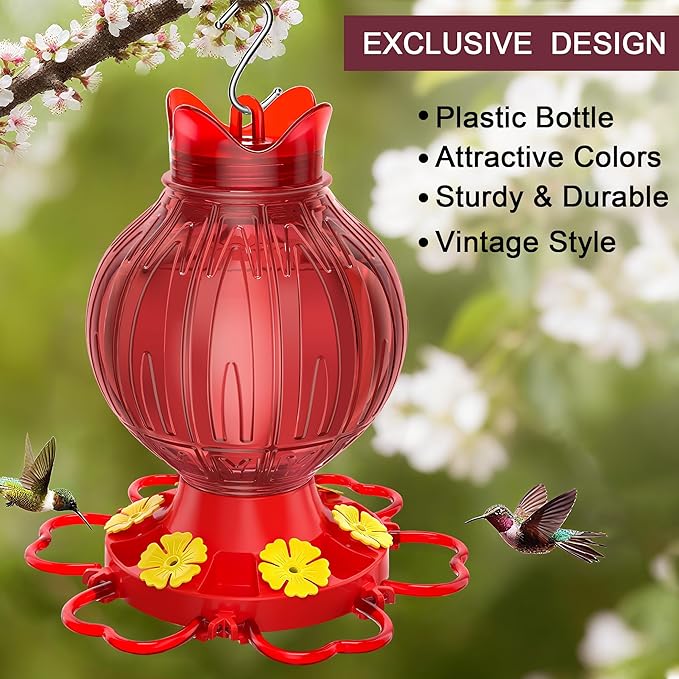 Hummingbird Feeders for Outdoors Hanging with Leak-Proof Base - 28oz Large Capacity Shatter-Resistant Hummingbird Feeder, Bottom Fill Wide Mouth Design & Ant/Bee Guards - Garden Decor (Red)