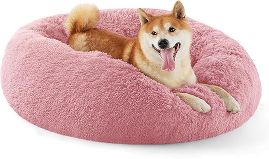 Bedsure Calming Dog Bed for Medium Dogs - Donut Washable Medium Pet Bed, 30 inches Anti-Slip Round Fluffy Plush Faux Fur Cat Bed, Fits up to 45 lbs Pets, Mauve Blush