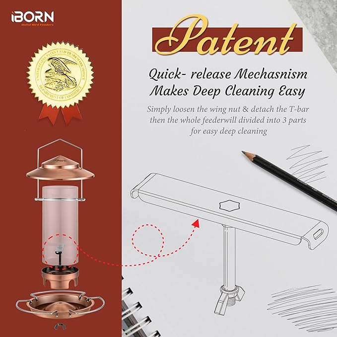 iBorn Bird Feeder Metal Squirrel Chew-Proof Bird Feeders for Outdoors Hanging Outside for Cardinal, Holds 1.5LB Seed with 3 Perchs, Brushed Copper (Seed is not Included)