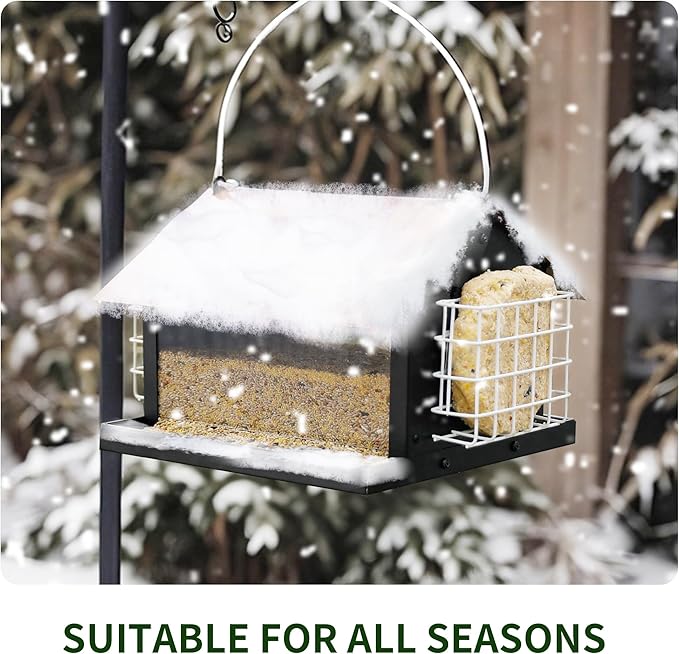 Solution4Patio Brown Roof Outdoors Hanging Bird Feeders, All Metal, Double Suet Cake and Large Capacity, Hopper Tray & Weatherproof for Finch, Cardinal & Chickadee
