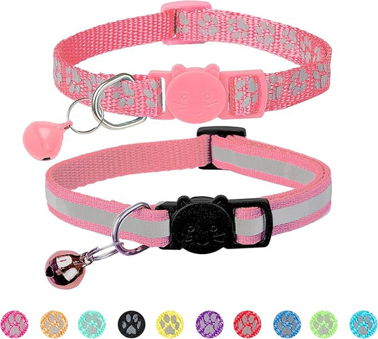 BANMODER 2 Pack Reflective Cat Collar Breakaway with Bell,Personalized Kitten Collars,Adjustable Safety Buckle Collar for Male Cats Girls & Boys (Pink)