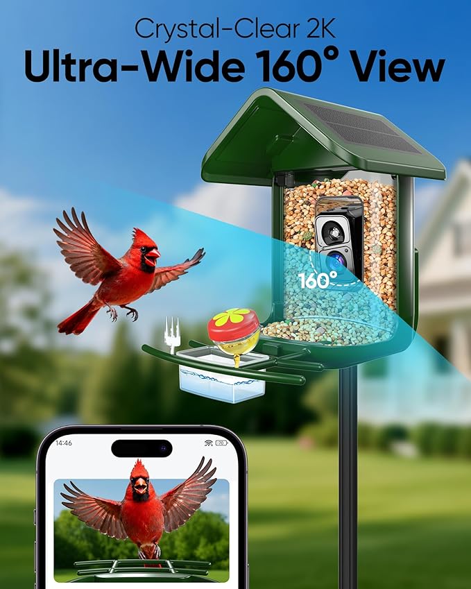 Bird Feeder with Camera Solar Powered - Smart Bird Feeder Camera 2K HD Live Stream, 5MP Photos, AI Identification for Backyard, 2.4Lb Large Capacity, Gifts for Mom Dad