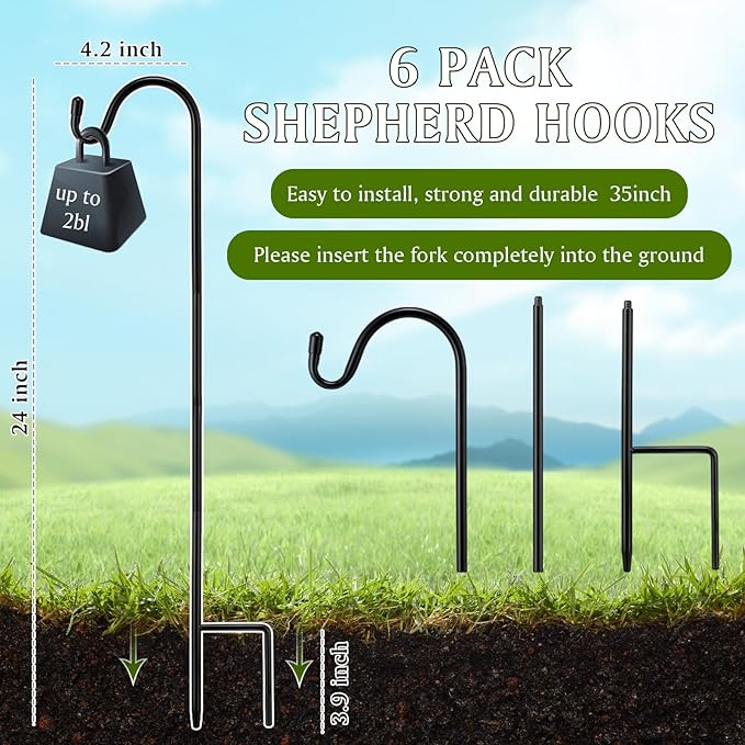6 Pcs 24 Inch Shepherds Hook for Outdoor Adjustable Bird Feeder Pole Metal Steel Shepard Hooks for Hummingbird Stand Feeder Pole for Garden Plant, Lantern, Hanging Wedding Decor