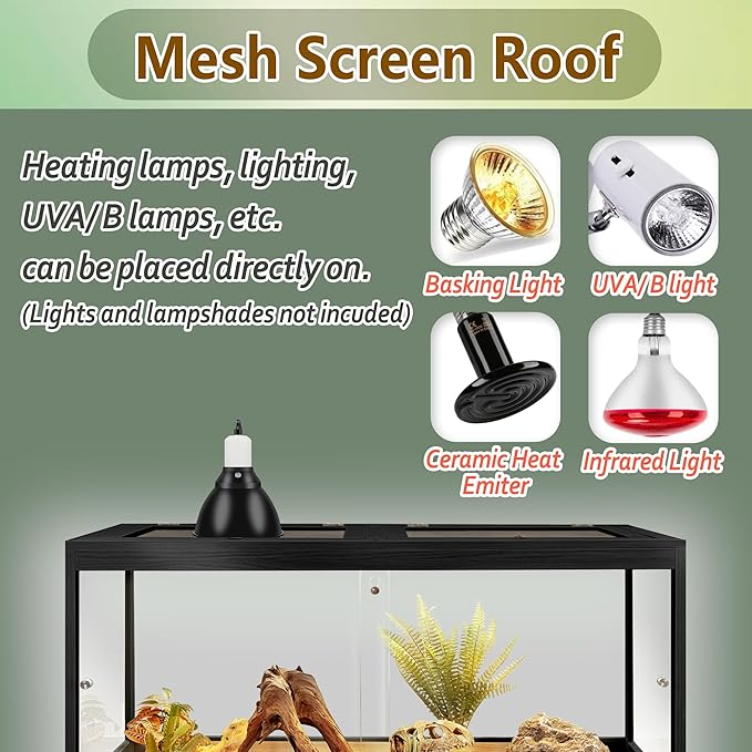 PROLEE Bearded Dragon Tank,Tempered Glass Reptile Tank with Mesh Roof and Front Sliding Door,Anti-Scratch Lizard Tank,Spacious Reptile Enclosure for Snakes,Lguanas (Black, 63Gallons,40"x20"x20")