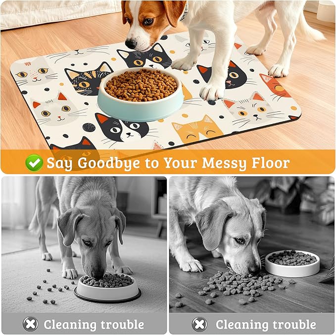 Cats Dog Cat Food Mat,Absorbent Waterproof Placemat for Food and Water Non Slip Rubber Backing Durable Feeding Pad for Clean Floors 12" x 20"