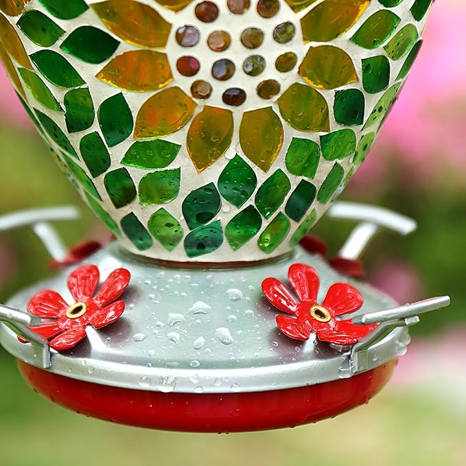 VOREEN Glass Mosaic Hummingbird Feeders, 34OZ with Ant Moat & 4 Feeding Ports, Hand Blown Glass Outdoor Hanging Bird Feeder, Porch Garden Backyard Decor, Gift for Mom Wife Friend, Sunflower Design