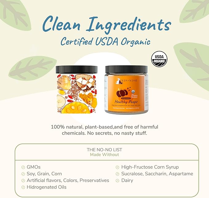 kin+kind Organic Fiber for Dogs&Cats - Pumpkin Boost for Healthy Poops - Digestive Health - Flax Seed, Ginger, Turmeric and Coconut - Made in USA - 4 oz (Medium)