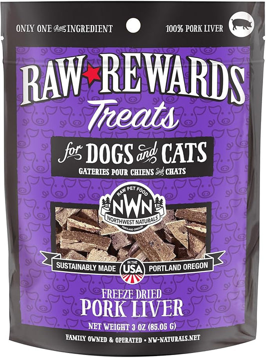 Northwest Naturals Raw Rewards Freeze-Dried Pork Liver Treats for Dogs and Cats - Bite-Sized Pieces - Healthy, 1 Ingredient, Human Grade Pet Food, All Natural, Proudly Made in USA, 3 Oz
