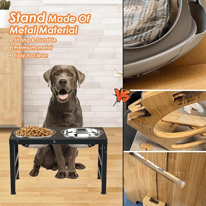 Metal Raised Dog Bowl, 10" Tall Elevate Dog Feeder Stand with 2 Stainless Steel 42oz Bowls & 16x24 Non-Slip Mat – Stronger Dogs Food & Water Bowl Stand (Black)