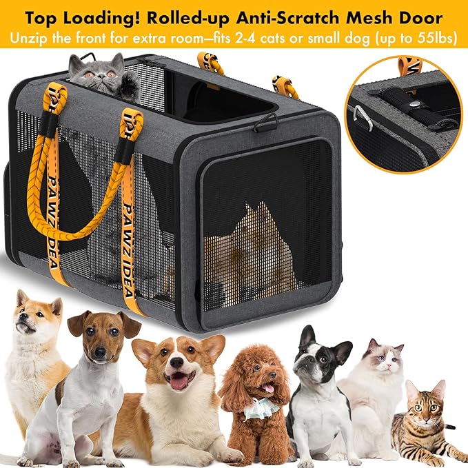 PAWZIDEA Large Pet Carrier Expandable, 24"×16"×16" Soft-Sided Cat Carrier for 2–4 Cats up 55lb, Portable & Collapsible Small Medium Dog Travel Crate for Car, XL Storage Pocket, ID Card, Shoulder Strap
