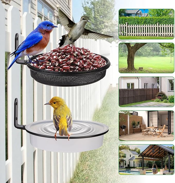 2 Fence Bird Feeder Trays - Outdoor Tree Mounted Wild Bird Bath, 7” in Diameter Feeders with Heavy-Duty Iron Rings, Installed on Wooden Fences, Trees, Decks, Indoor and Outdoor Walls