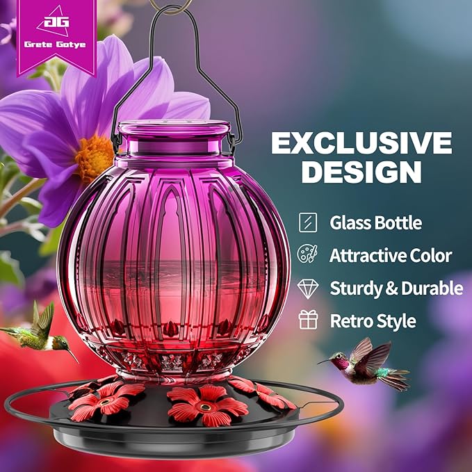 Glass Hummingbird Feeder for Outdoors Hanging, 26Oz Bird Nectar Feeder with Perch & 5 Flower Feeding Ports, Leak Proof for Outside Garden Decor Backyard, Gifts for Women Mom, Purple Red