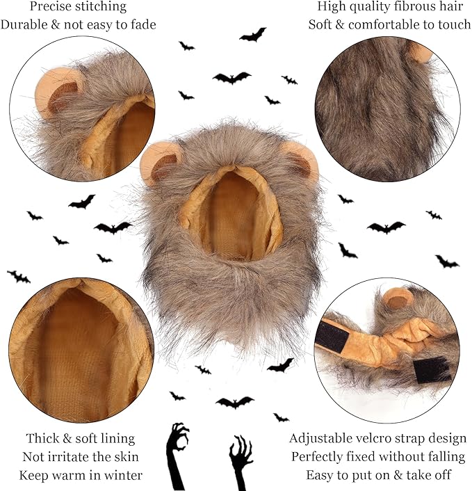 Cat Halloween Costumes - Lion Mane Wig for Cats & Puppies, Adjustable Pet Cosplay Apparel Kitten Outfits for Halloween Christmas Cat Birthday Party (Grey)